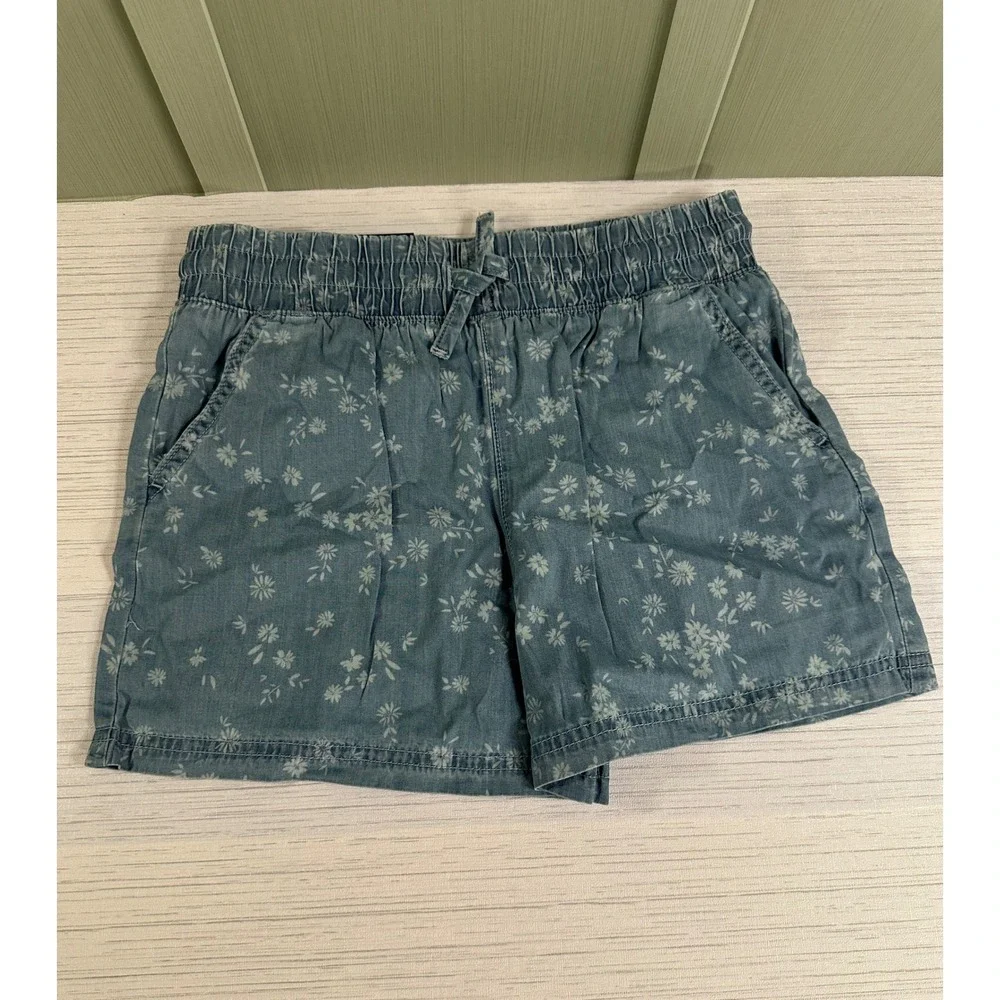 Gap Kids Girls Large 10/12 Floral Pull On Shorts Blue Cotton Smocked Waist
